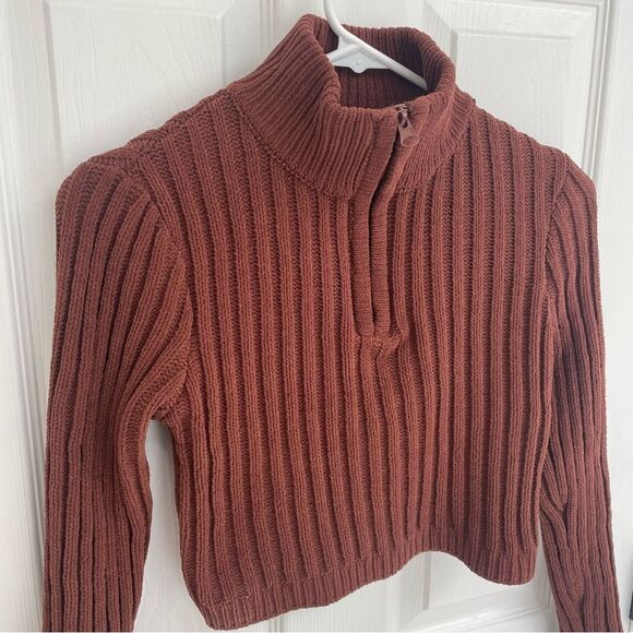 Hazel Moon Brown Cropped Sweater Quarter Zip Women’s Size XS - Picture 3 of 5